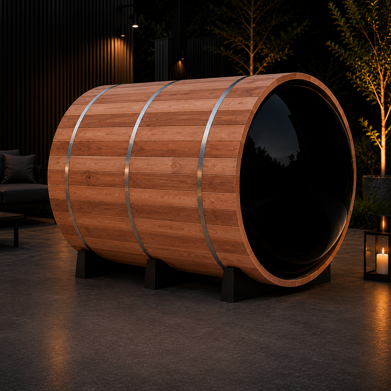 NORDIC BARREL ECLIPSE 240 udendørs panoramasauna i nordisk trædesign med mørk front til have og terrasse
