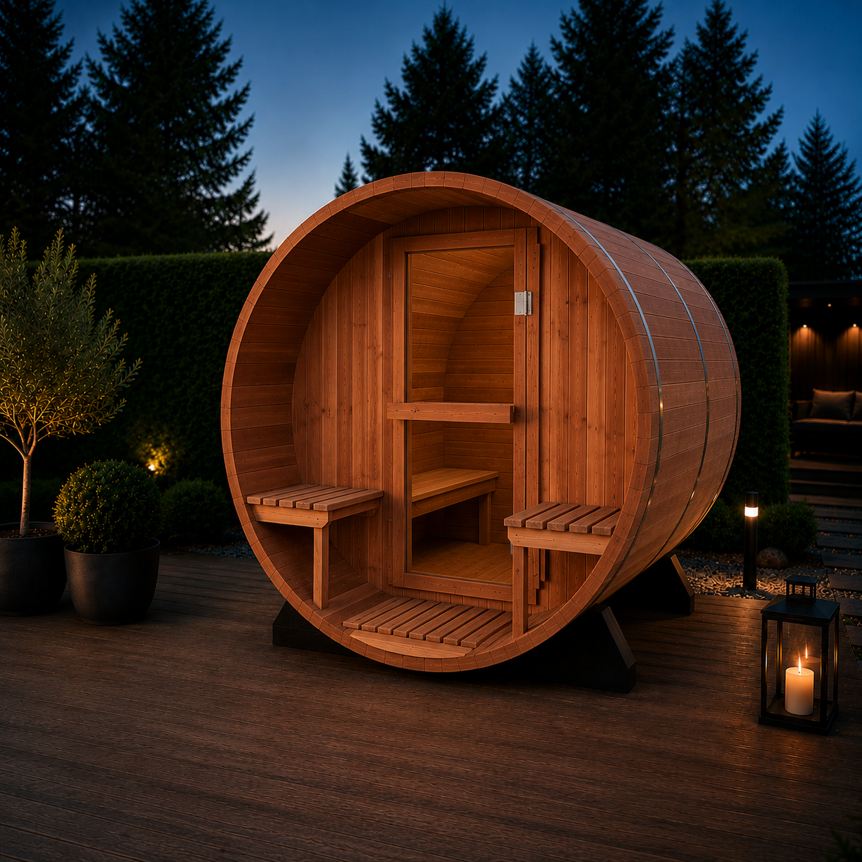 NORDIC BARREL T udendørs tøndesauna i rød cedertræ med frontterrasse og plads til op til 4 personer