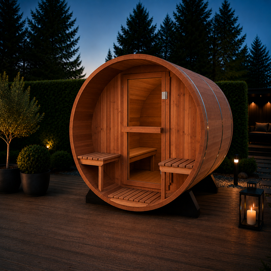NORDIC BARREL T udendørs tøndesauna i rød cedertræ med frontterrasse og plads til op til 4 personer