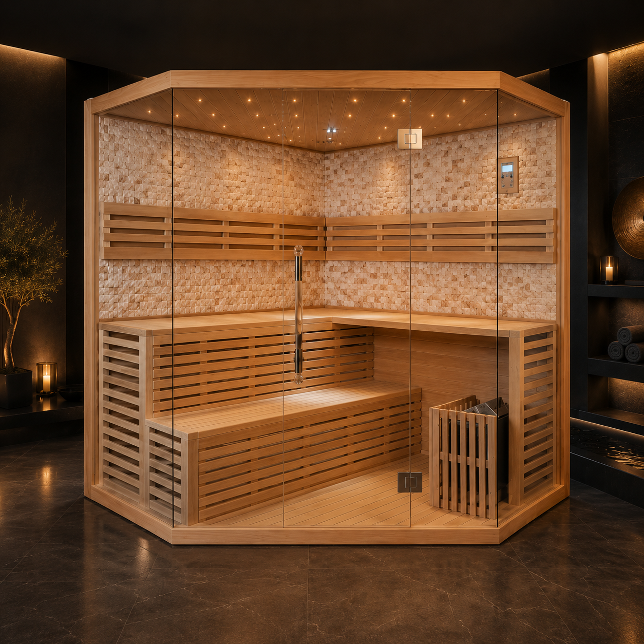 NORDIC CORNER indendørs hjørnesauna i nordisk design med glasfront, LED-belysning og plads til op til 4-6 personer