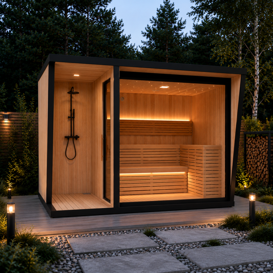 NORDIC FRAME 300 udendørs sauna med panoramafront, sort rammedesign og integreret bruser til have og terrasse