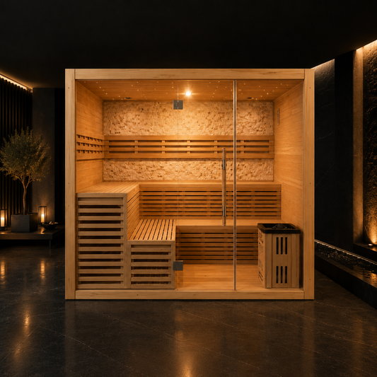 NORDIC LUX indendørs sauna i nordisk design med glasfront, LED-belysning, stenoverflade og plads til op til 4-6 personer