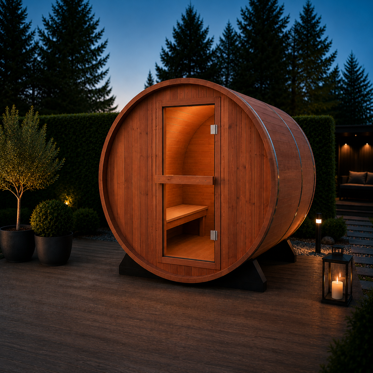 NORRDIC BARREL udendørs tøndesauna i nordisk trædesign med glasdør, indvendig belysning og plads til op til 4-6 personer
