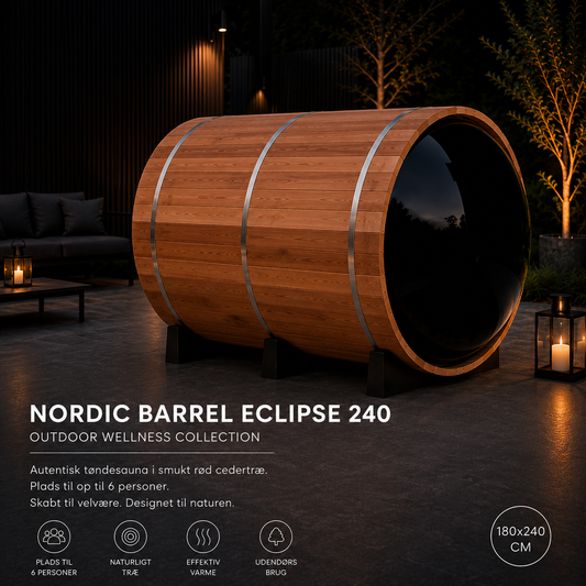 NORDIC BARREL ECLIPSE 240™ - stor udendørs tøndesauna med panoramaglas