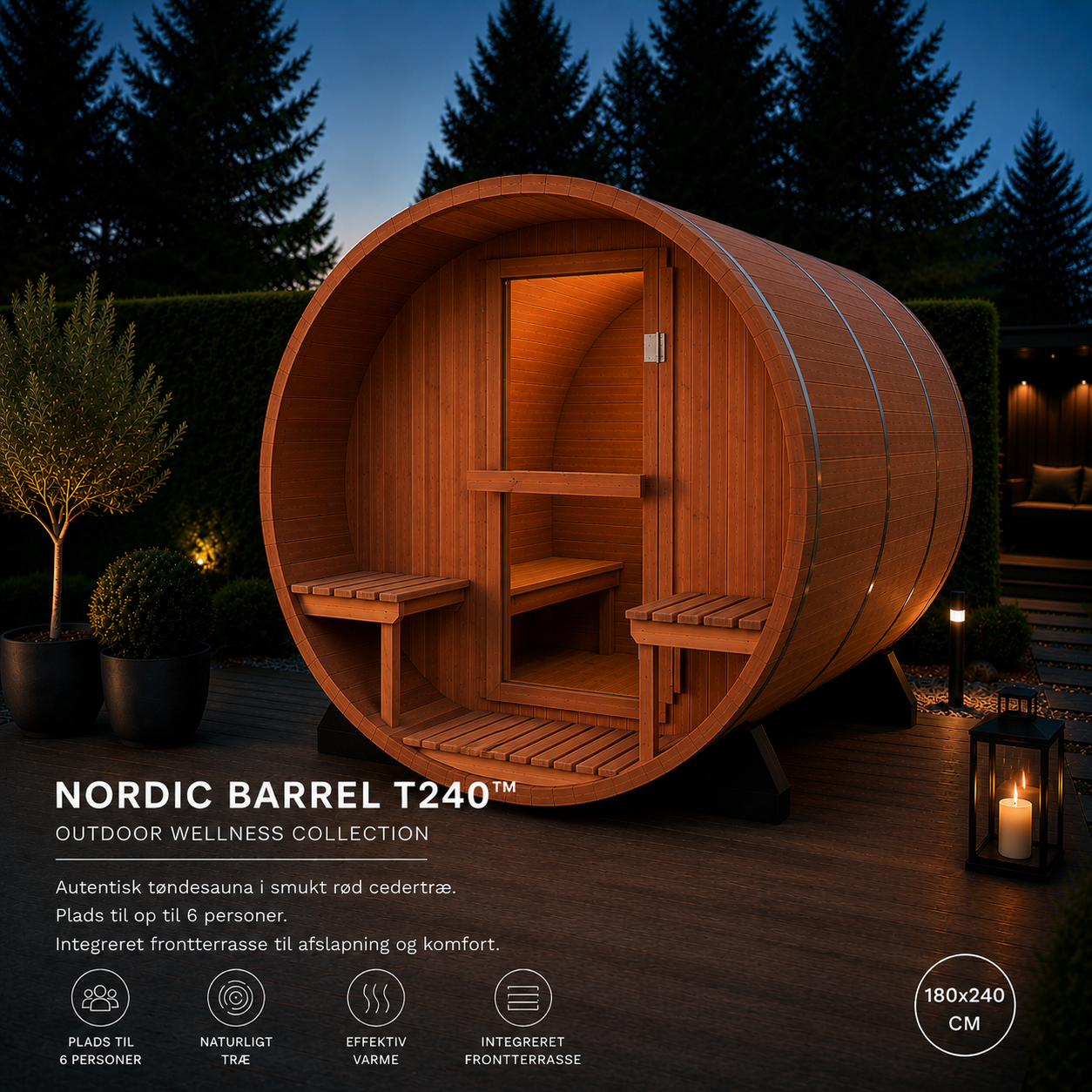 NORDIC BARREL T240™ - stor udendørs tøndesauna med terasse